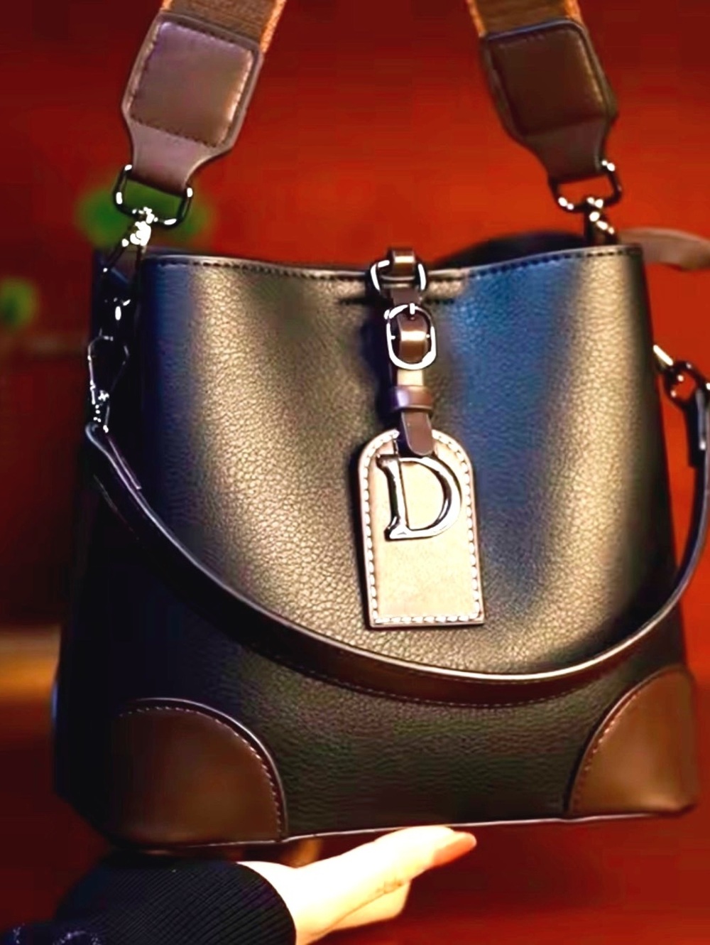 New -Chic -Retro Style -Genuine Leather Two-Tone Bucket Bag -Black/Brown Accents